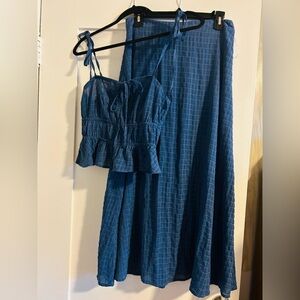 Blue Smocked Midi Skirt with Tie-Shoulder Top - Women's Set